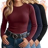 Sweetyweee 3 Pack Plus Size Thermal Shirts for Women Cotton Long Sleeve Ribbed Slim Fit Tops Crewneck Underwear Base Layer
