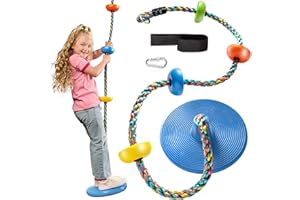Jungle Gym Kingdom Tree Swing for Kids - Single Disc Seat and Rainbow Climbing Rope Set w/Carabiner and 2.6 Foot Strap - Treehouse and Outdoor Playground Accessories - Blue