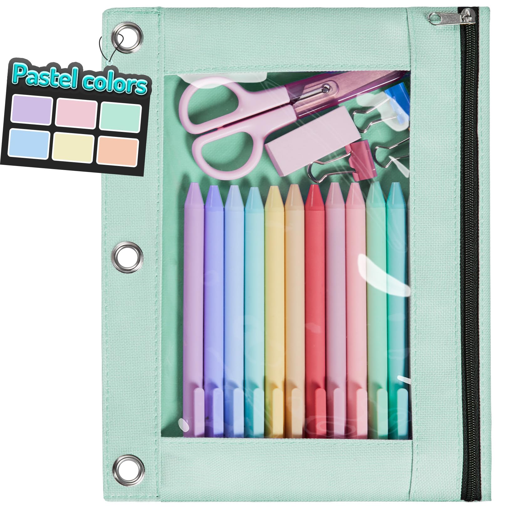 Photo 1 of Forvencer Pencil Pouch for 3 Ring Binder, Pastel Pencil Case with Smooth Zipper, Cute Soft Pencil Bag with Clear Window & 3 Reinforced Grommets, Big Capacity Binder Bag, School Office Supplies, Green