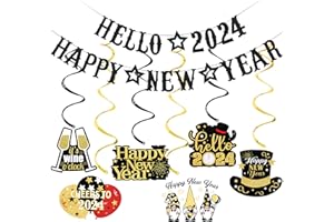 LEESKY Black Hello 2024 Happy New Year Banner 2024 New Years Banner, Nye Banner 2024 New Year Eve Banner 2024 for Happy New Year Party Decorations 2024, New Years Eve Party Supplies 2024