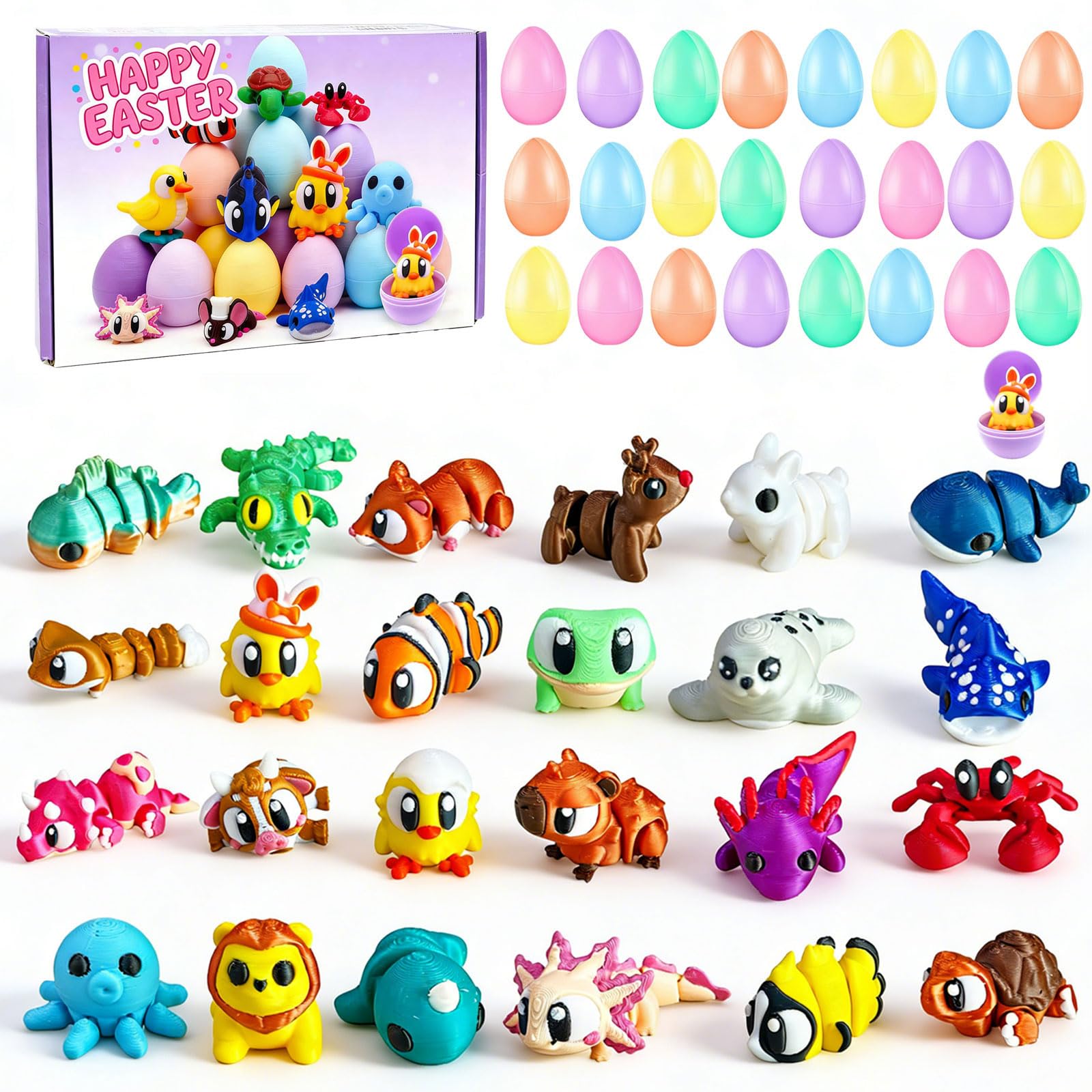 24 Pack Prefilled Easter Eggs with 3D Printed Animal Toys ，Ready to Use Basket Stuffers, Egg Hunt Fillers, Party Favors & Easter Gifts for Kids. Non-Candy Classroom Prizes for Toddlers, Boys & Girls.