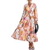 PRETTYGARDEN Women's Boho Floral Long Puff Sleeve V Neck Midi Dress | Smocked Waist, Flowy A Line, Elegant Fall Dresses, Spring Wedding Guest Outfits for Tea Party, Beach Vacation, Resort Wear