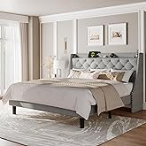 Feonase King Size Bed Frame with Luxury Wingback and Fast Charging Station,King Platform Bed Upholstered Button Tufted Storage Headboard,Sturdy Wooden Slats Support,Easy Assembly,Noise-Free,Gray