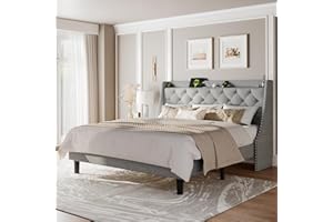 Feonase King Bed Frame with Luxury Wingback Upholstered Button Tufted Storage Headboard, King Platform Bed with Charging Station, Sturdy Wooden Slats Support, Noise-Free, Easy Assembly, Light Gray