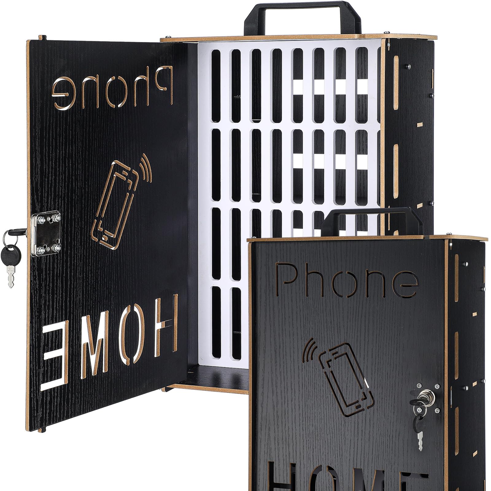 Photo 1 of RattanView Mobile Holder Classroom 36 Slots Wooden Cell Phone Storage Cabinet Pocket Chart Phone Jail Cell Phone with Handle and Security Lock for Classroom Office and Office Meeting (Black Color)