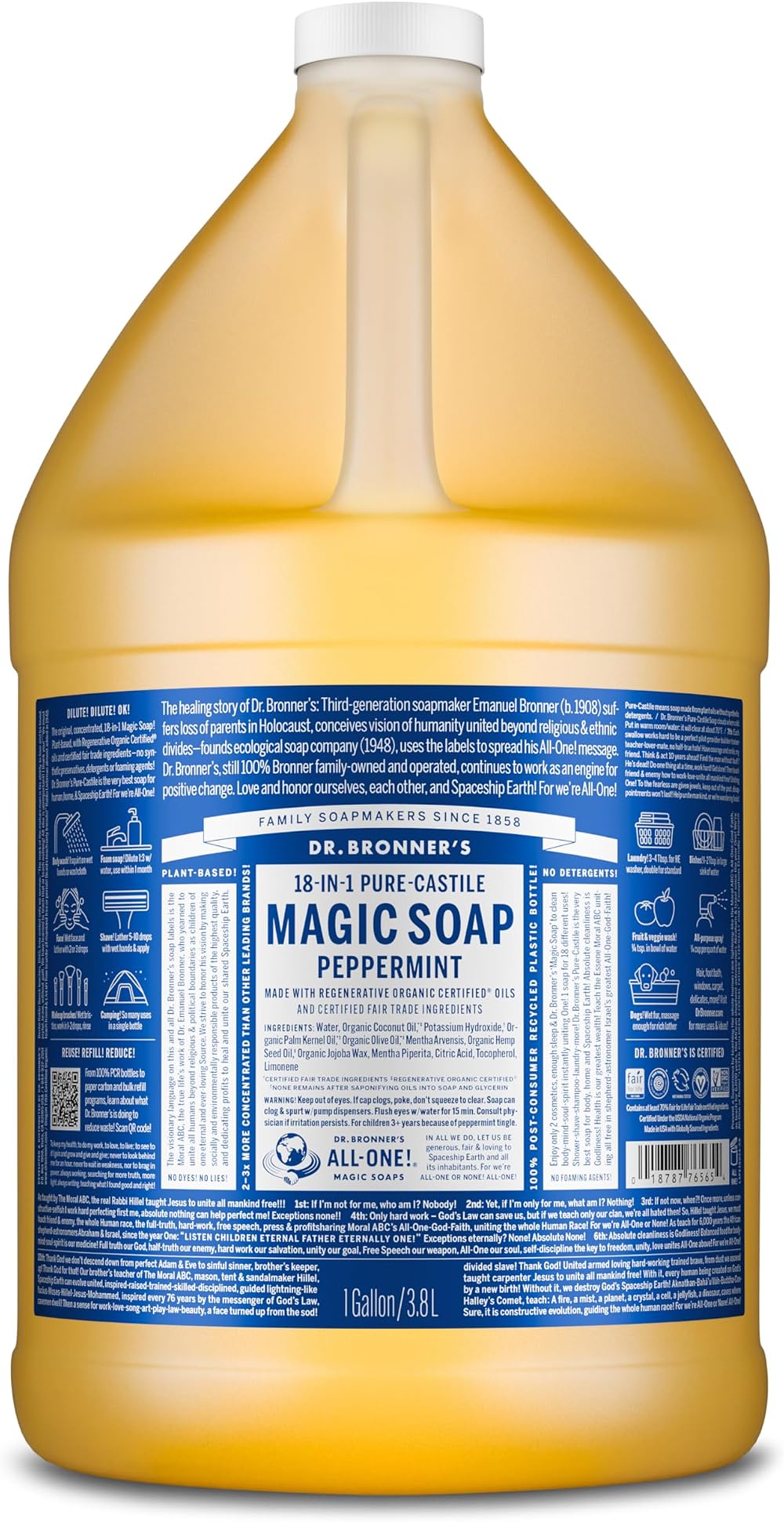 Dr. Bronner's Peppermint Pure-Castile Soap 3.79 L Organic Oils 18-in-1