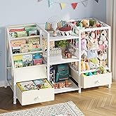 Creso hom Kids Bookshelf and Toy Storage, Montessori Baby Bookcase with Stuffed Animal Storage and 2 Drawers, 3-Tier Sling Book Shelf for Kids Room, Nursery, Kindergarten, Playroom, White