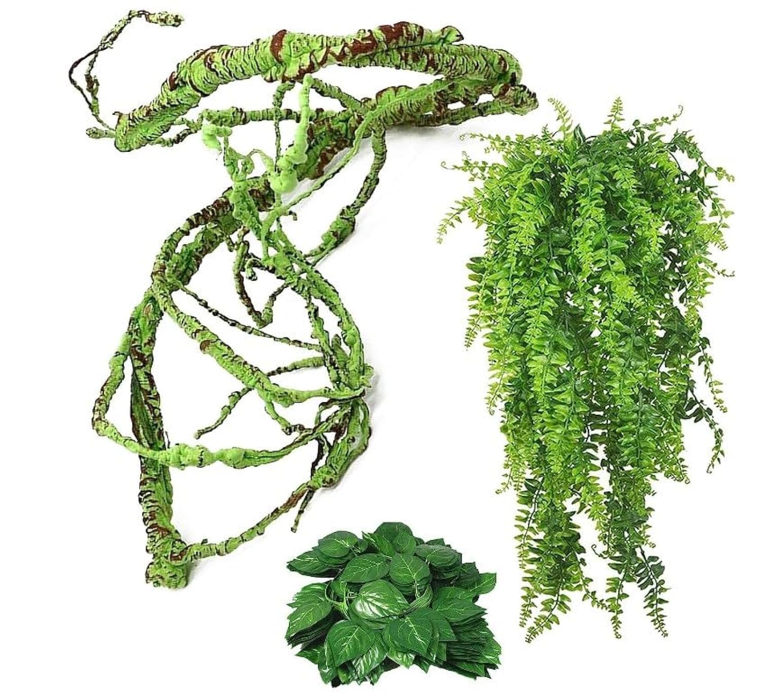 Kathson 3 PCS Reptile Vines Plants Flexible Bendable Jungle Climbing Vine Plastic Plant Leaves Pet Tank Habitat Decor for Bearded Lizards Dragons Geckos Snakes Frogs and More Reptiles