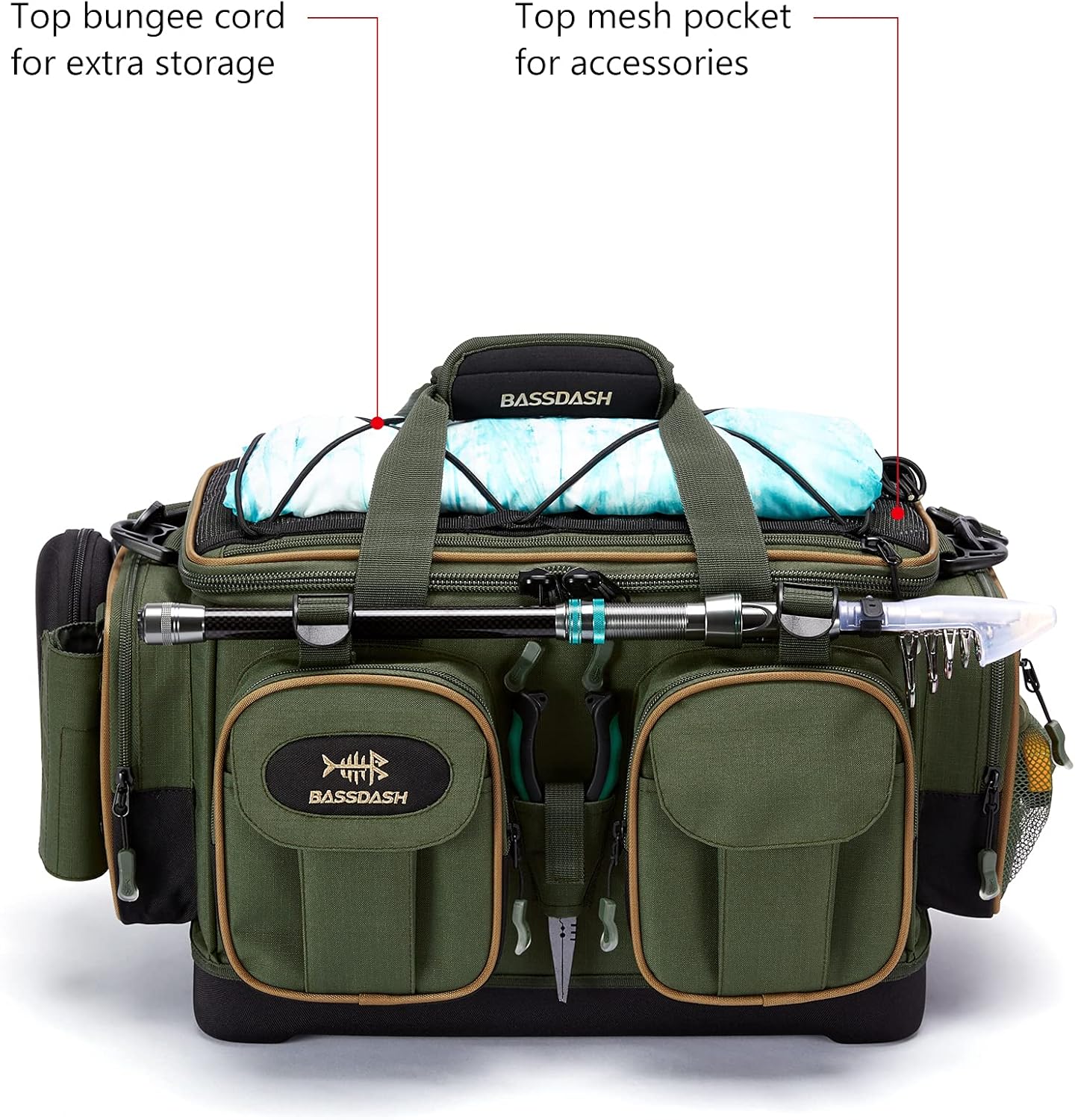BASSDASH FP05 Fishing Tackle Shoulder Bag Water Resistant Lightweight Gear Storage Pack with Hard Molded Bottom Rain Cover