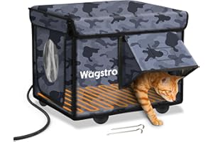 WAGSTRO Heated Cat House for Outside, Waterproof Awning & Escape Door Heated Cat Houses for Indoor/Outdoor Cats in Winter, Elevated & Insulated Outdoor Cat Shelter for Feral Cat(Black Camo, 16.5"x12.6"x13")