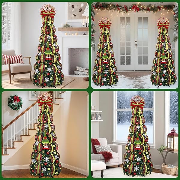 MARTINE MALL 6FT WHIMSICAL POP UP CHRISTMAS TREE WITH 8 MODE 180 WARM LIGHTS, COLLAPSIBLE FOLDABLE CHRISTMAS TREE PULL UP FULLY DECORATED XMAS TREES WITH 117PCS CHRISTMAS ORNAMENTS FOR INDOOR OUTDOOR