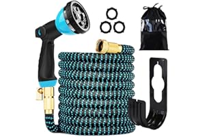 QXIAOFEI 75 ft Expandable Garden Hose - Kink Free Flexible Water Hose with Thumb-Controlled 10-Function Nozzle, 3/4 Solid Brass Connectors, Retractable Latex Core - Lightweight Expanding Hose