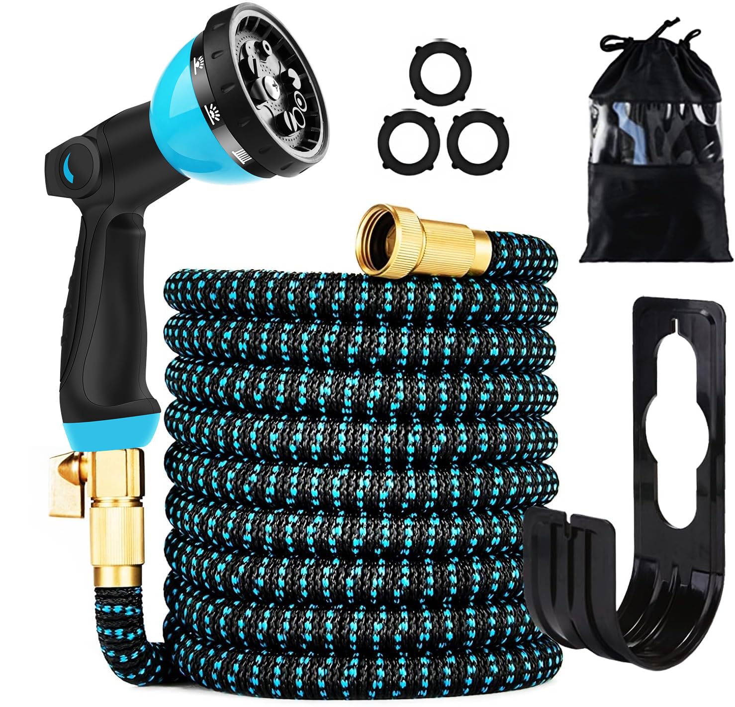 Photo 1 of 100 ft Expandable Garden Hose - Kink Free Flexible Water Hose with Thumb-Controlled 10-Function Nozzle, 3/4 Solid Brass Connectors, Retractable Latex Core - Lightweight Expanding Hose