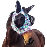 Horzmetnex Stretchy Horse Fly Mask with Ears,Extra-Large Eyes &amp; Mane Opening &ndash; Soft, Breathable Fly Mask for Horses, Tangle-Free Design, Enhanced Visibility (Purple Leaves, Full (Large))