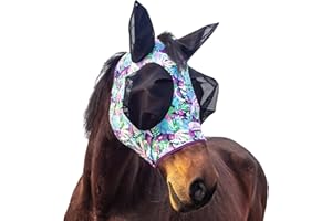 Horzmetnex Stretchy Horse Fly Mask with Ears,Extra-Large Eyes & Mane Opening – Soft, Breathable Fly Mask for Horses, Tangle-Free Design, Enhanced Visibility (Purple Leaves, Full (Large))