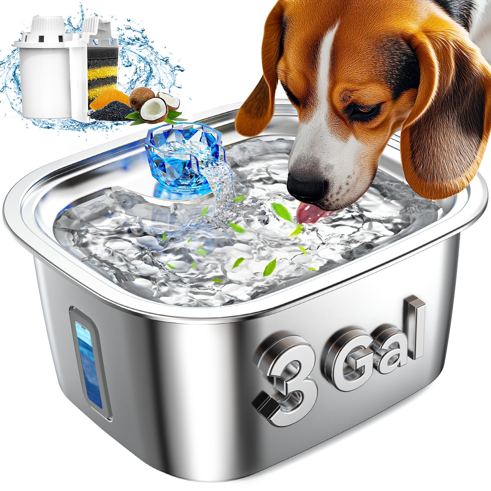 Photo 1 of Dog Water Fountain for Large Dogs Stainless Steel, 3Gal Extra Large Dog Water Bowl Dispenser with 2 Filters & Visual Window, Automatic Filtered Pet Fountain Indoor, Quiet Safe Pump with LED Indicator