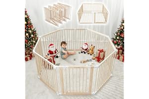 Comfy Cubs Baby Gate Playpen - 57 x 57 x 25 in, Extends Up to 228” - Pine Wood Foldable Playpen with Child-Proof Lock - Easy Assembly Baby Fence Play Area for Babies & Toddlers - Light Wood White