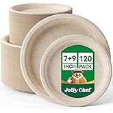 JOLLY CHEF Compostable Heavy Duty Plates 𝟳 𝗶𝗻𝗰𝗵 𝗮𝗻𝗱 𝟵 𝗶𝗻𝗰𝗵 [𝟭𝟮𝟬 𝗣𝗮𝗰𝗸] Eco-Friendly Disposable Paper Plates Bagasse Biodegradable Sugarcane for Party Hot Cold Foods Christmas(Brown)