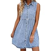 LookbookStore Denim Dress for Women Sleeveless Babydoll Button Down Short Jean Dresses Cute Summer Outfits