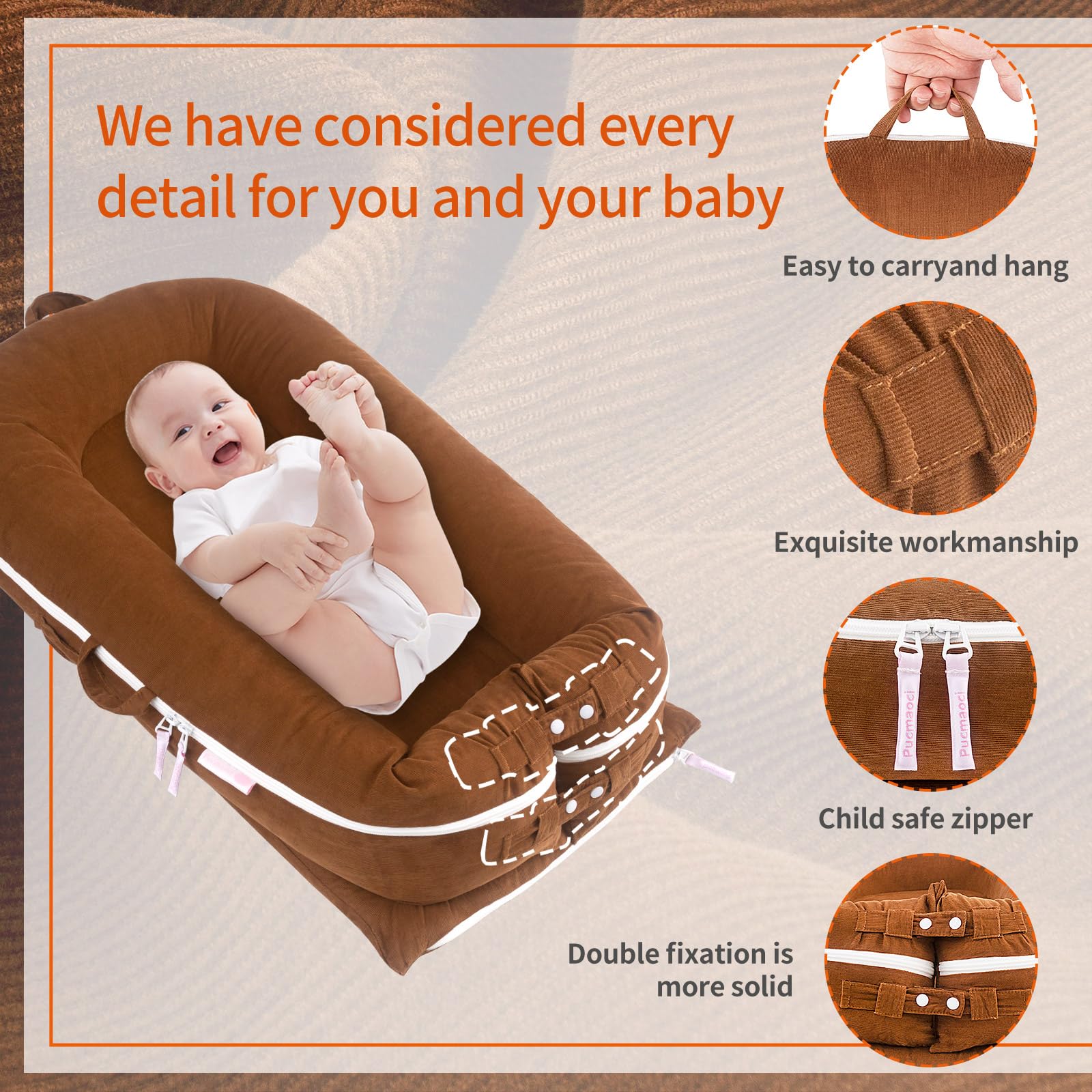 Corduroy Baby Lounger Cover for Dockatot Deluxe + | 100% Cotton Hypoallergenic Newborn Premium Quality Spare Cover(Cover Only) (Brown)