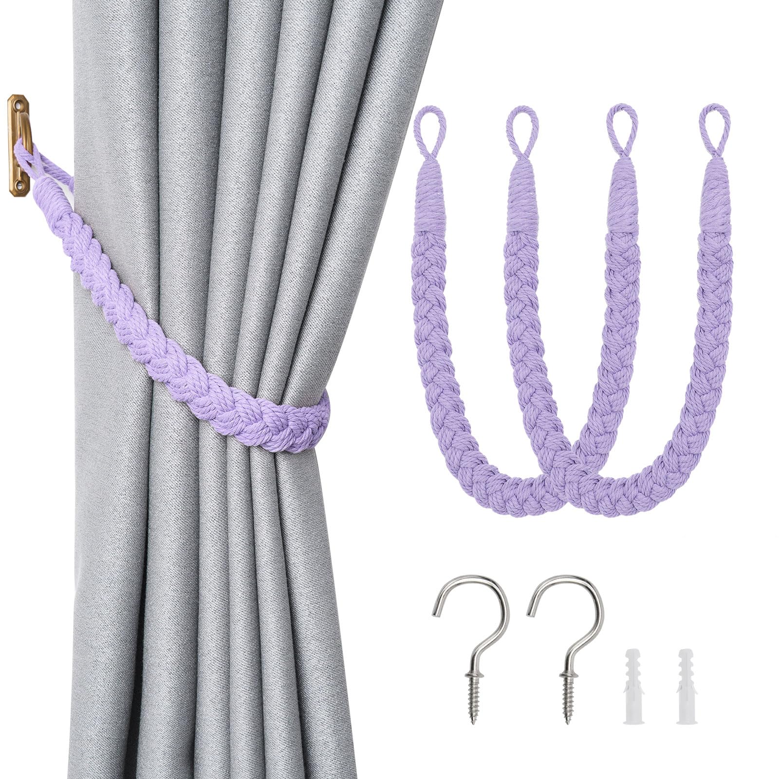Pretty Jolly 2 Pack Natural Cotton Rope Curtain Tiebacks Elegant Boho Style Decorative Drape Tie Backs Soft Hand-Woven Rope Curtain Holdbacks with Metal Hook for Home & Office Drapery (Purple)