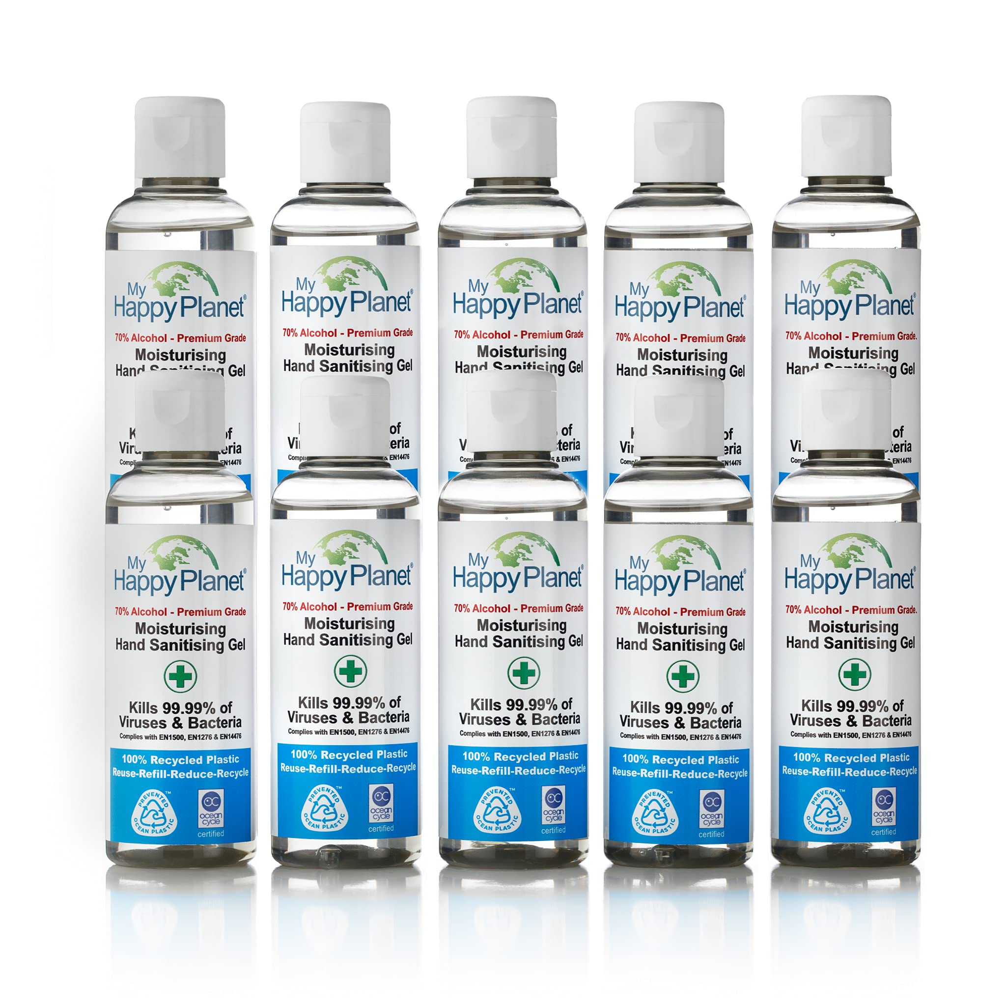 My Happy Planet 70% Alcohol Gel with Added Moisturiser to Protect and Care for the Hands, 100% Recycled Prevented Ocean Plastic Bottles, 10 x 100 ml
