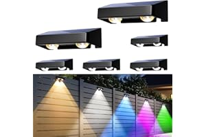 AUDERWIN Solar Fence Lights Outdoor, Solar Wall Lights 9 Fixed Colors ＆ Color Changing Modern Solar Powered Deck Lights for Halloween Step Stair Patio Backyard Porch Railing decor, IP65 Waterproof (6 Pack)