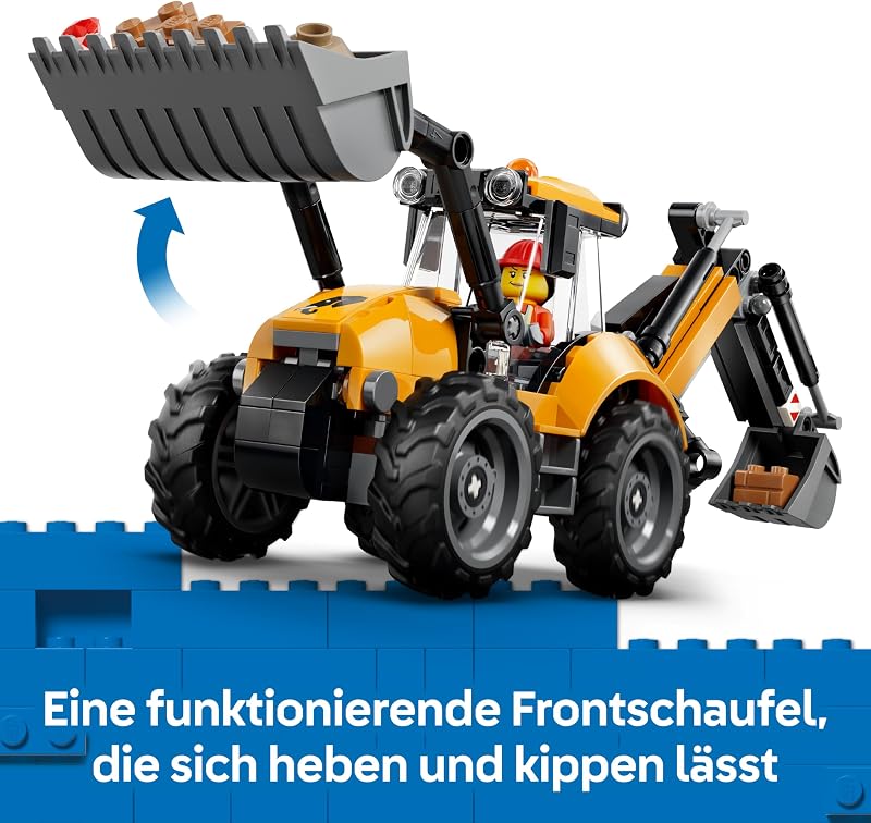 City Gelber Baggerlader - Baufahrzeug Spielzeug - Traktor mit 2 Minifiguren, funktionierender Frontschaufel und Heckbagger - Geburtstagsgeschenk für Jungen ab 7 Jahren - 60480 — Foto 3 von 8