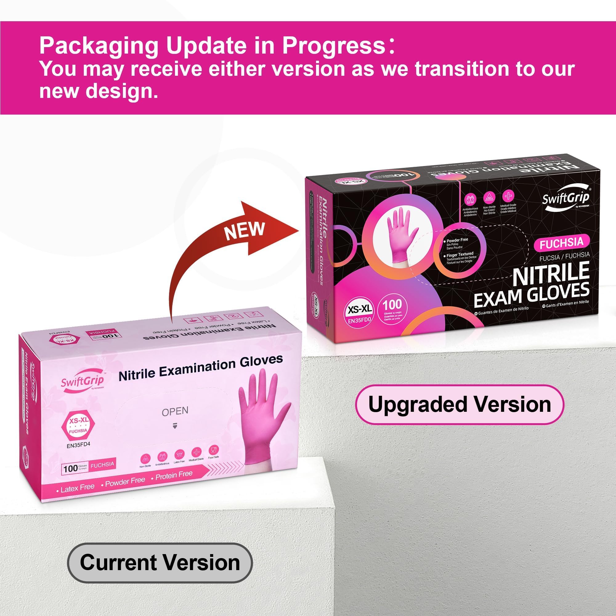 SwiftGrip Powder-Free Nitrile Gloves, 3-mil, Disposable Nitrile Gloves, Latex-Free, Powder-Free - Pink/Fuchsia