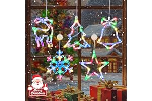 BHCLIGHT 5 Pack Christmas Window Lights, Multicolor X-Mas Tree, Reindeer, Bell, Snow, Star Lights, Battery Operated Christmas Window Decorations with Suction Cup and Timer Function for Window Glass Decor