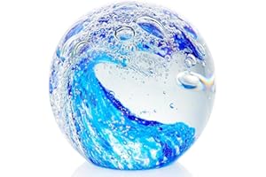 YWHL Hand Blown Ocean Waves Ball, Glass Art Ocean Decor, Decorative Collectible Figurines Ball, Crystal Collectible Paperweight, Sea Glass Decor for Home Office