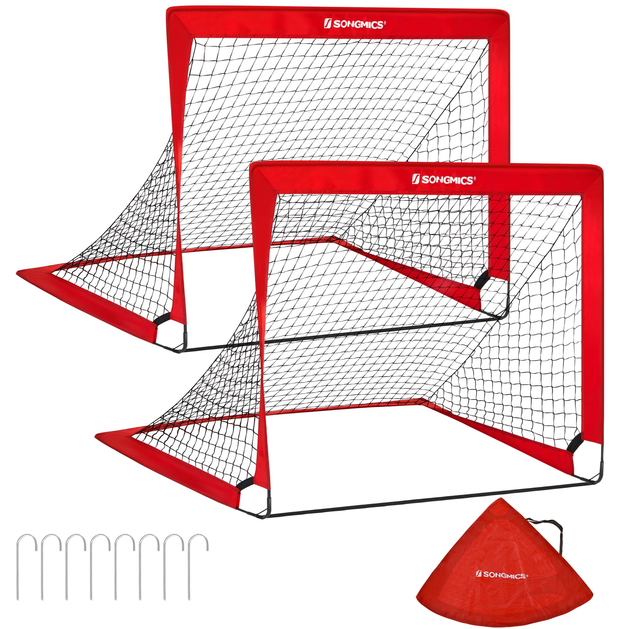 SONGMICS Set of 2 Kids Football Goal Foldable Football Net Quick Set Up Garden Classes Fiberglass Frame Oxford Polyester Red SZQ122R02