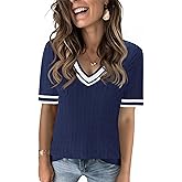 Kistore Womens Summer Short Sleeve Sweaters Tops V Neck Cable Knit Lightweight Sweater Shirts Blouses 2025