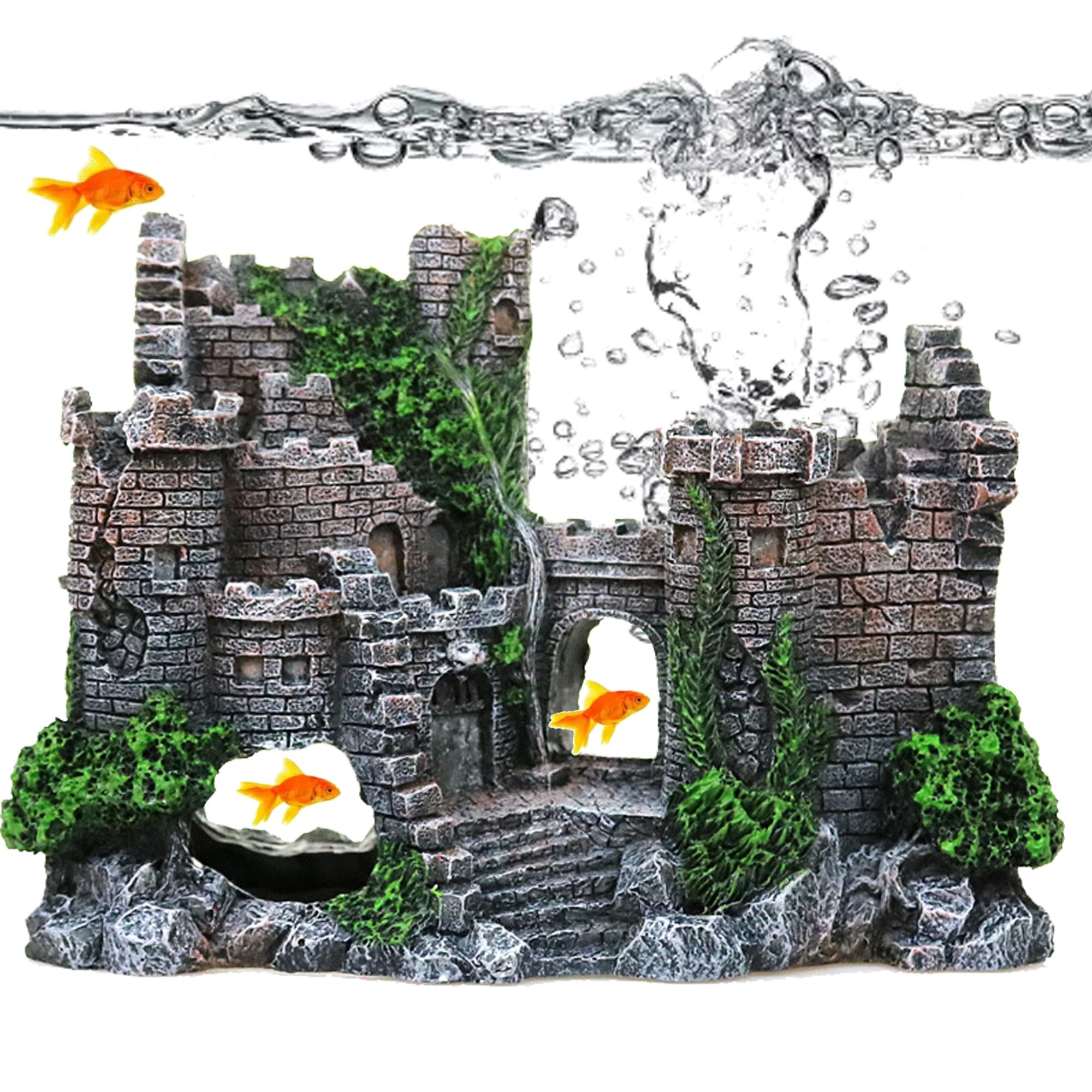 DXIA Aquarium Decoration, Stone Castle Fish Tank Decorations Plants with Crafts Moss, Resin Crafts Moss Aquarium Fish Tank Ornament Decoration, Aquarium Accessories, Aquarium Furniture