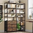 BTHFST Corner Bookshelf with 6 Fabric Drawers, Convertible Tall Bookcase 7 Tier, Industrial Book Shelf with Metal Frame, Wide Bookshelves for Living Room Home Office, Rustic Brown & Black