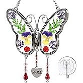 KUNDGLA Butterfly Suncatcher Mom Gifts Stained Glass Sun Catchers for Windows Hangings Ornaments with Pressed Flower Wings Embedded in Glass and Metal Trim MOM Heart Charm Birthday Gifts for Mom