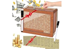 MOLIDOW Money Saving Box Piggy Bank for Adults Kids 10000 Savings Challenge Box Money box Wooden Reusable Savings Box With $10000 5000 3000 2000 1000 500 Target Best Gift for Kids Adult Friends(8Sheets,Brown)