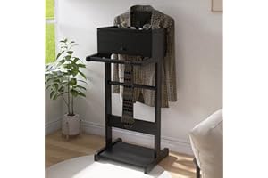 RELAHOGAR Wooden Valet Stand for Men, Clothing Rack with Drawer, Coat Hanger, Tray, Rods, Shoe Shelf, Women Garment Valet for Bedroom, Living Room, Office, Entryway, Black