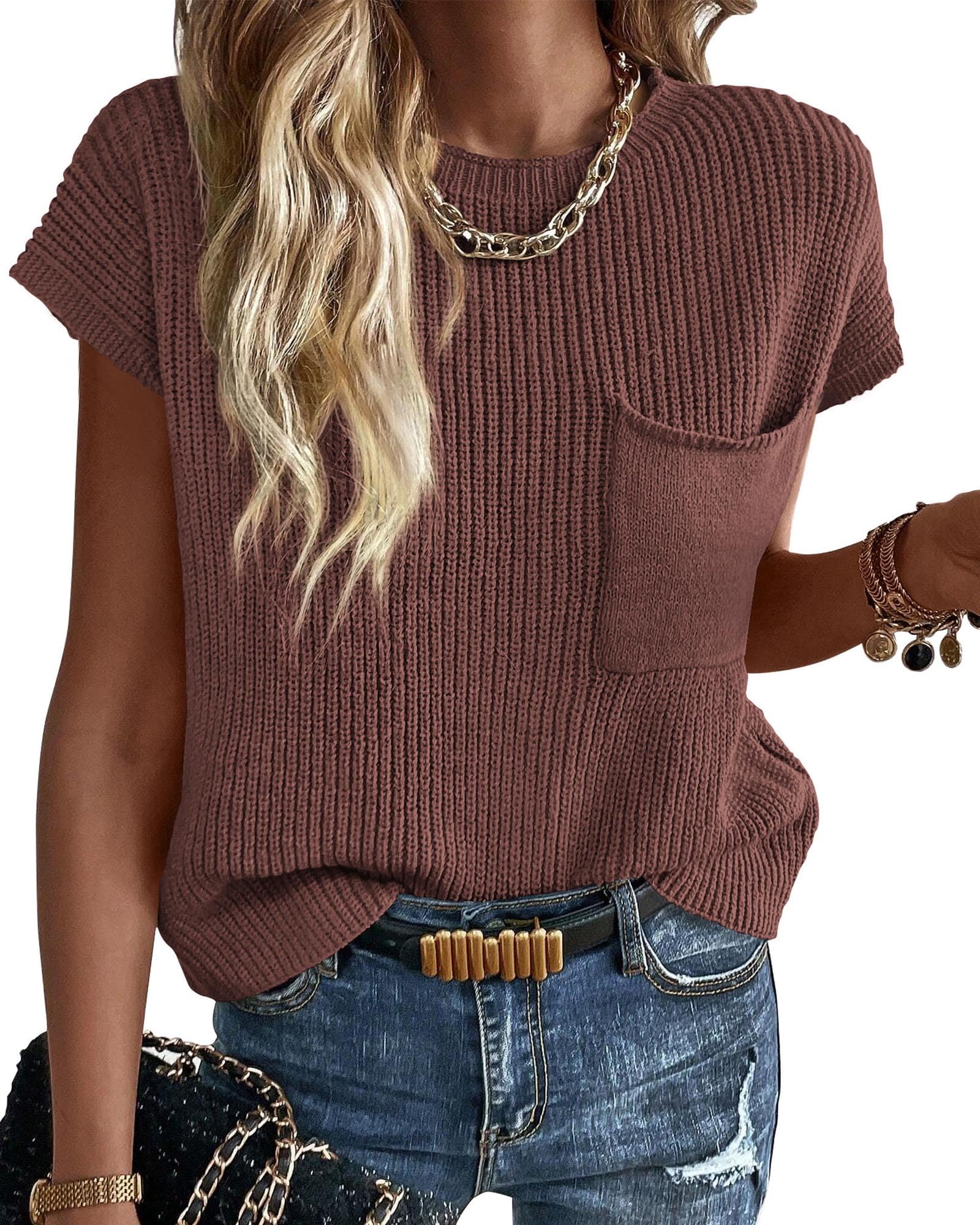 Photo 1 of ** ITEM CORRECT *** KIRUNDO Summer Blouses for Women 2025 Casual Cap Sleeve Tops Loose Knit Lightweight Sweater Pullover Beach Vacation Clothes(Coffee, Medium)