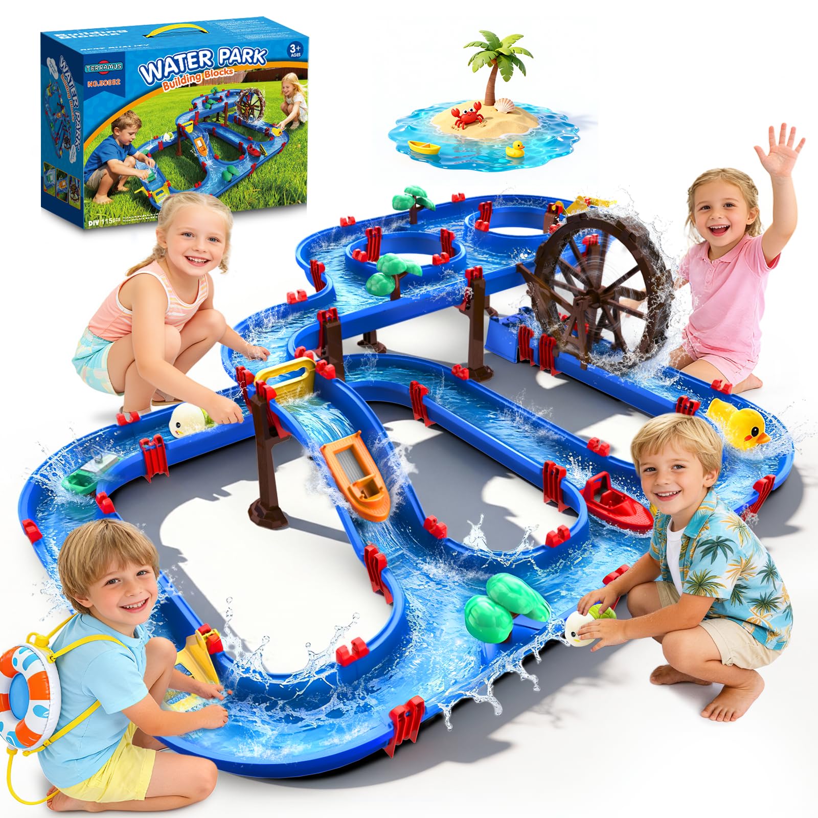 TERRAMUS 2-Tier Water Table Toys with Watermill for Kids, Upgraded Large 115PCS Water Park Playset, Summer Toys DIY Waterways for Backyard Beach Pool Lawn,Outdoor Toy for 3-5 4-8, Gifts for Boys Girls