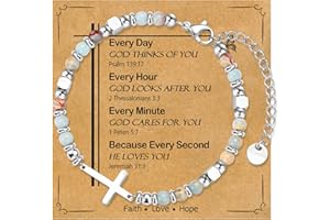 WIKHIA Christian Cross Bracelet for Women Girls, Adjustable Stainless Steel Beaded Cross Bracelets, First Communion Confirmation Easter Religious Bapstim Natural Gemstone Jesus Bracelet Gifts for Her