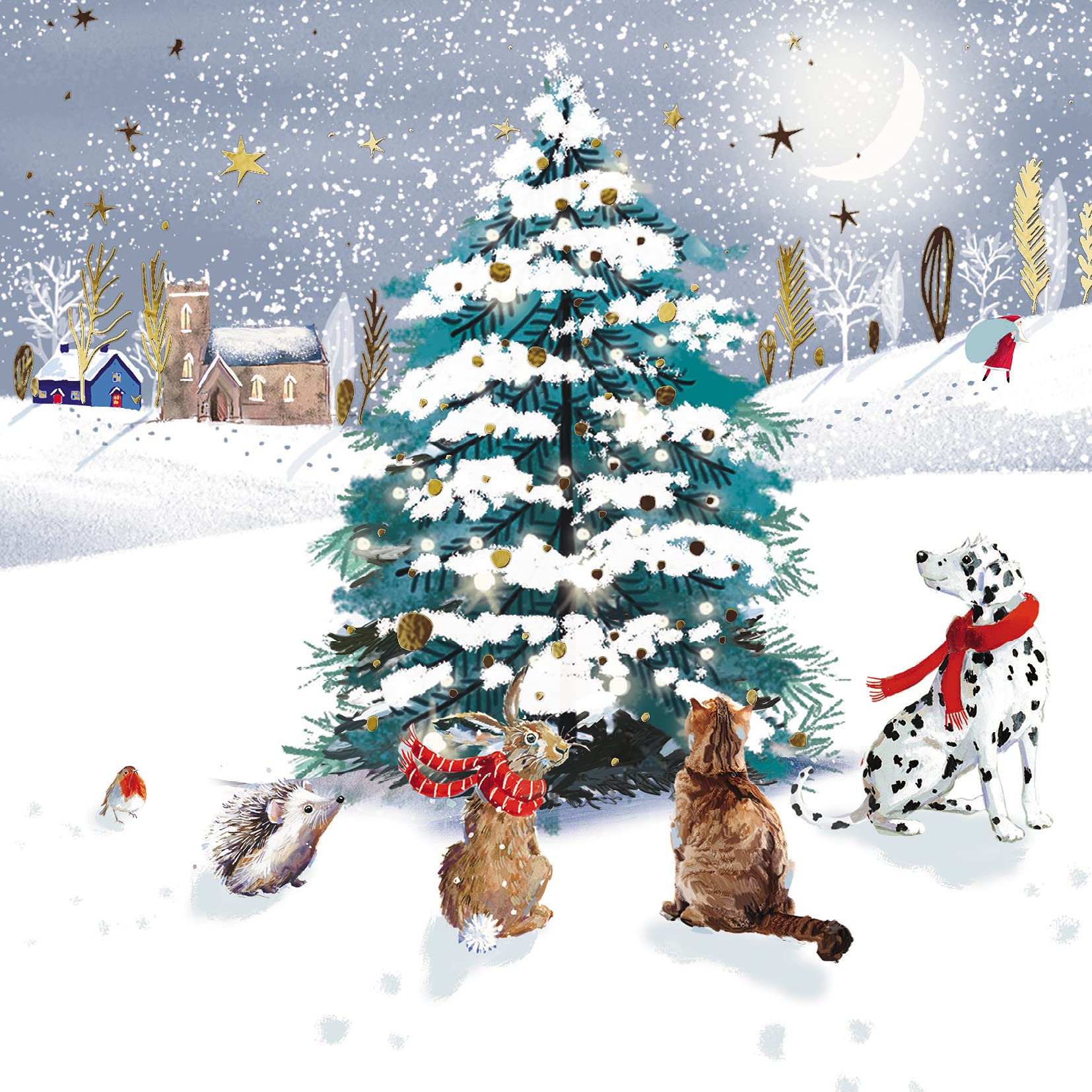 Ling Design Pack of 6 Festive Charity Christmas Cards - Premium Christmas Greeting Cards - Cute Animals & Tree in the Snow - Supporting UK Charities - Gold Foil Finish