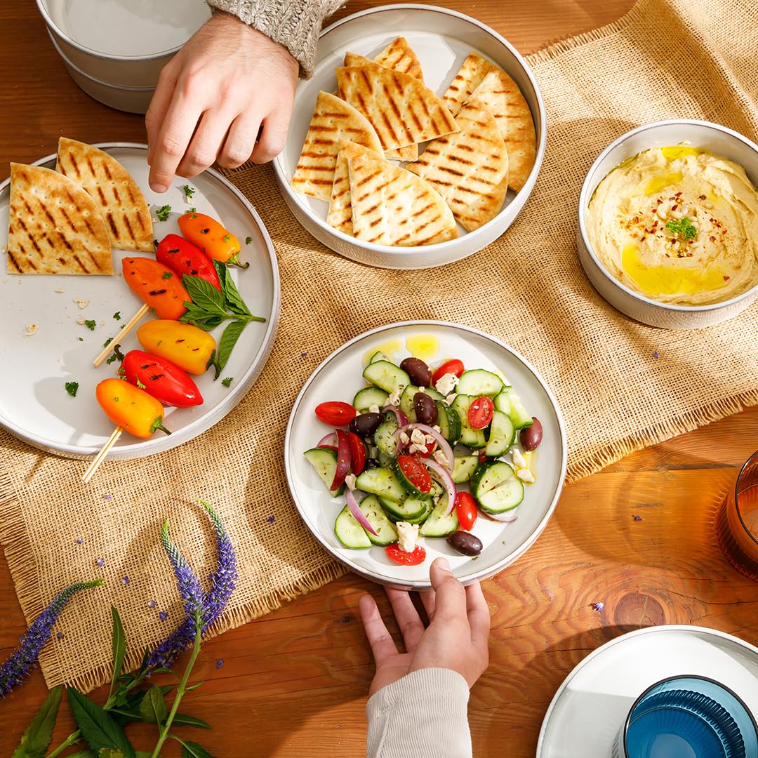 Bloomhouse Santorini Mist Double Bowl Terracotta Reactive Glaze Plates and Bowls Dinnerware Set - Moonstone White, Service for Four (16pcs)