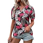 Womens V Neck Hawaiian Shirts Puff Short Sleeve Floral Tropic Printed T-Shirt Summer Casual Trendy Boho Blouses Tops