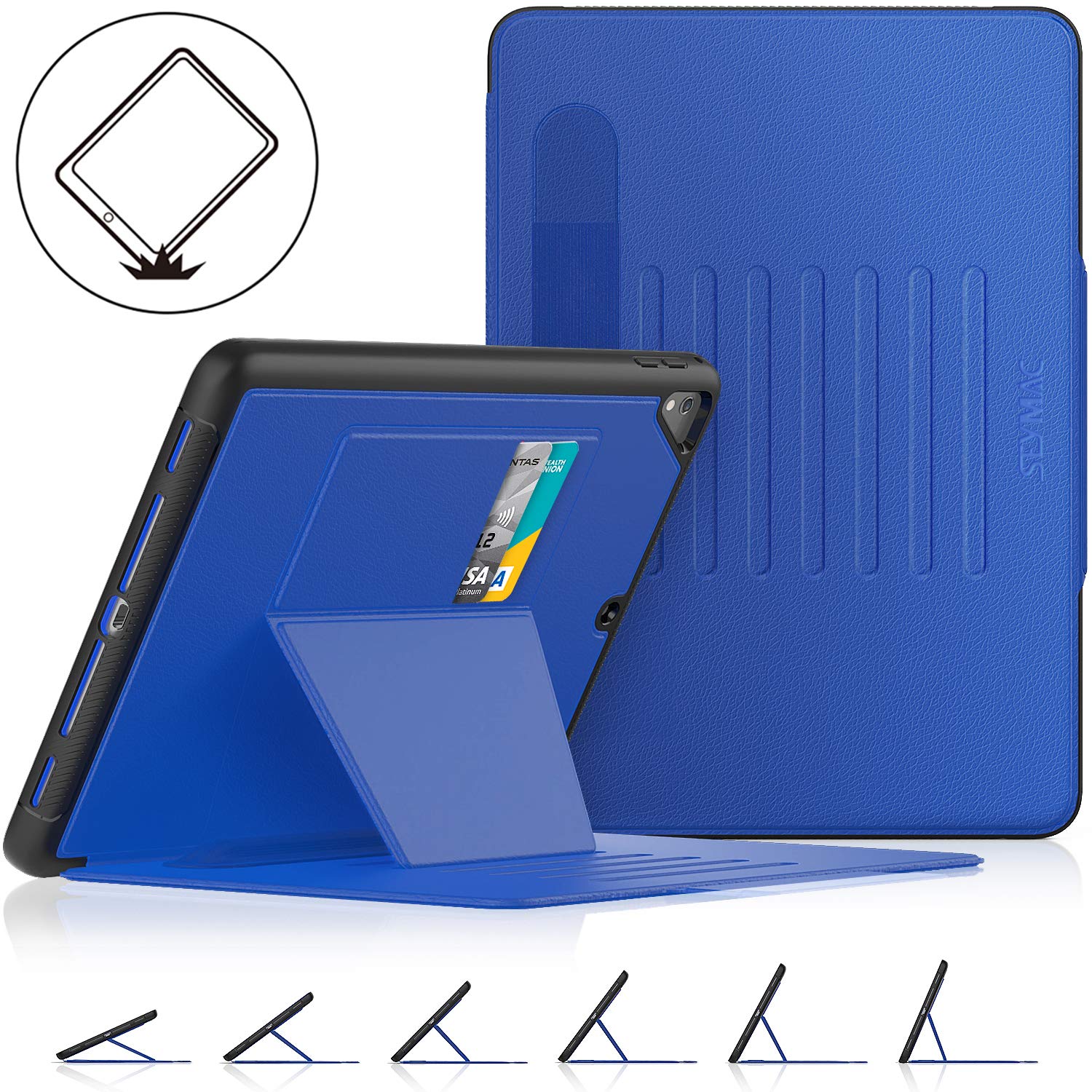 SEYMAC stock Case for iPad 6th/5th Generation/Air 2/Pro 9.7'', Smart Magnetic Auto Sleep Cover with Card Holder, Stand Multi-Angles Feature (Blue)