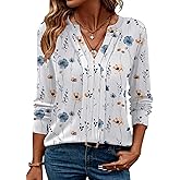 ZEAGOO Womens Spring Tops Henley V Neck Shirts Long Sleeve Pleated Blouses Dressy Casual Tunic 2026 Basic Tees