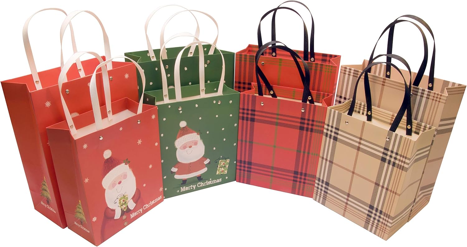 Festival Gift Bags Assorted with Kraft Handle 8 Pcs Set Large and Medium, Mixed Design Paper Bag
