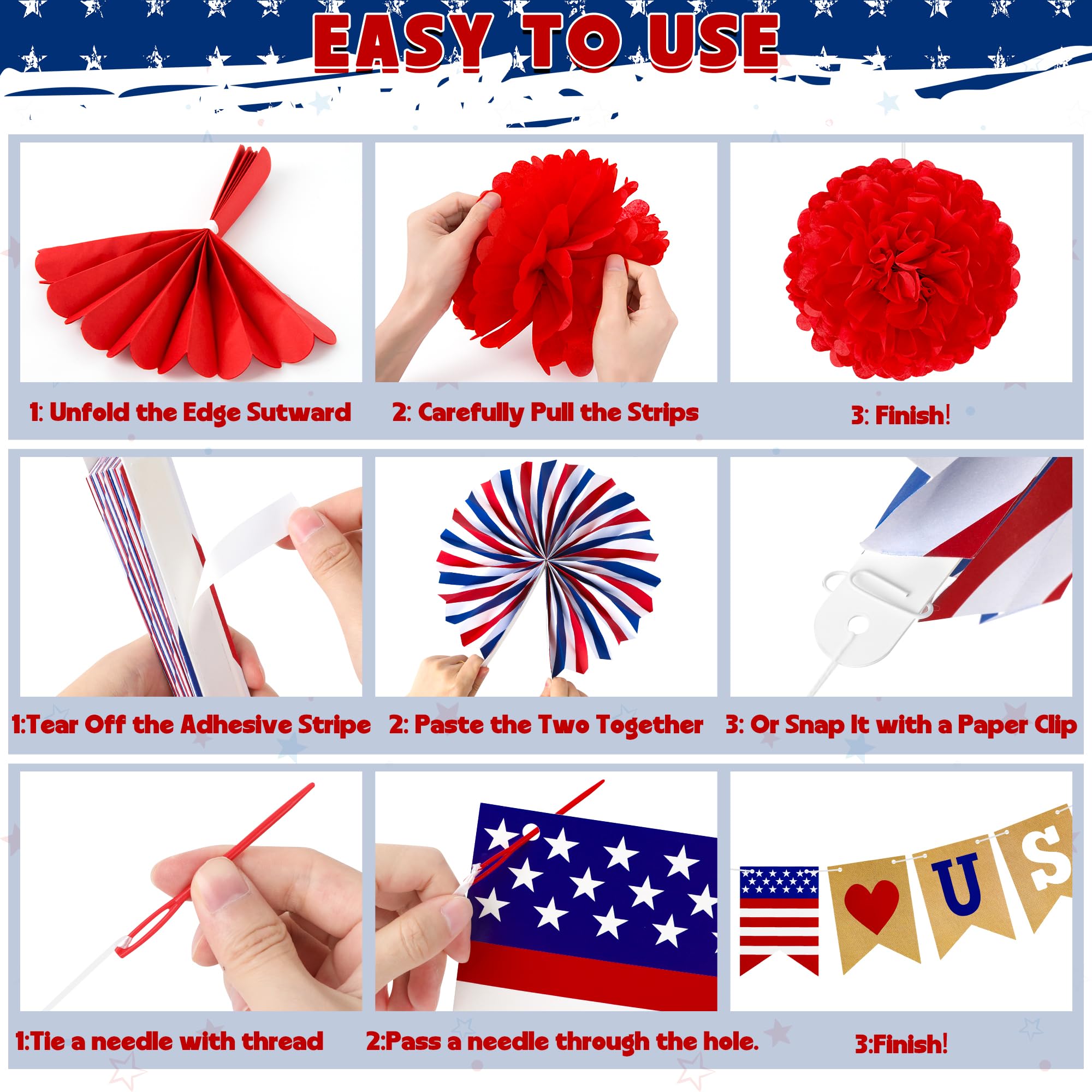 26 PCS 4th of July Decorations, Red White Blue Paper Fans in Patriotic Designs, 4th of July Banner Pompom Star Garland and Hanging Swirls Set for Fourth of July Independence Day Party Supplies Decor
