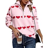 Heart Sweater for Women V Neck Valentines Sweatshirt Quarter Zip Pullover Ribbed Knitted Sweaters Loose Slouchy Tops