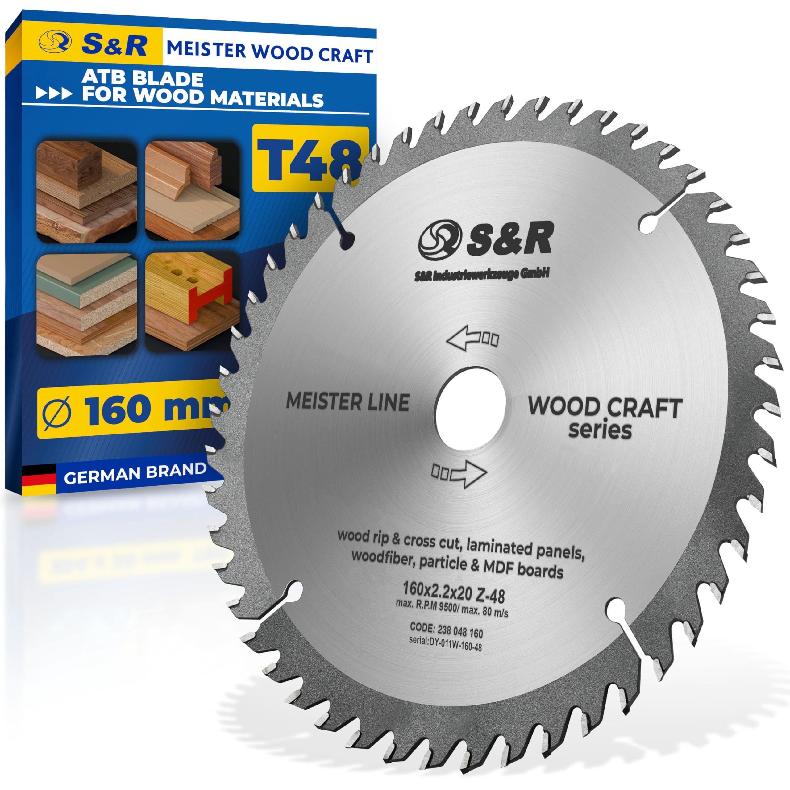 S&R Circular Saw Blade 160 mm x 20 mm (Includes 16 mm Reducer Ring) – 48T ATB Teeth – For Wood, MDF, Chipboard – Fine Crosscut & Rip Blade – Professional Quality